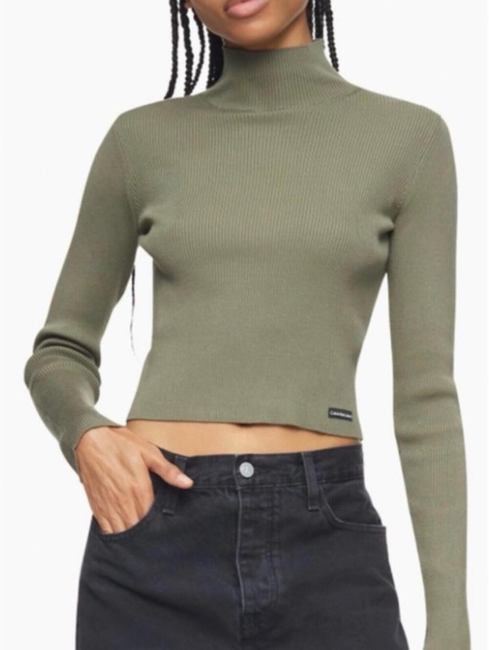Calvin Klein / Ribbed Cropped Turtleneck Top / Olive